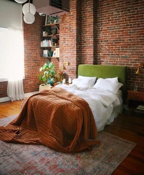 15 Colors That Go Exceptionally Well With Terra Cotta | Hunker Paint Accents, Grey Headboard, Accent Wall Paint, Vintage Nightstand, Mid Century Dresser, Rental Apartment, Brick Walls, Loft Apartment, Beige Walls