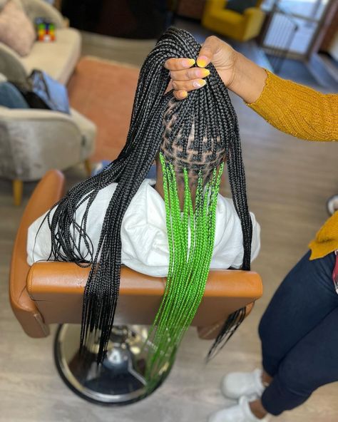 Peak A Boo Hair Color Black Women Braids, Green Skunk Stripe Braids, Box Braids Peak A Boo, Green And Black Peekaboo Knotless Braids, Knotless Peak A Boo, Peekaboo Box Braids Green, Peak Boo Braids, Peak A Boo Braids Black Women, Braids Peak A Boo