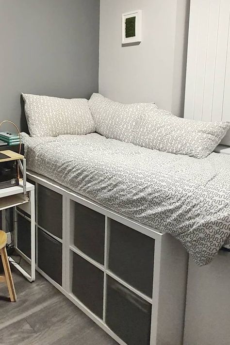 How to Create the Ikea Bed Frame on TikTok Ikea Bookcase Bed, Ikea Kallax Bed Hack, Bed Frame Ideas With Storage, Twin Bed Frame Ideas, Bed Frame Shelf, Ikea Twin Bed, Bed Frame Hack, Ikea Bed Frame, Homemade Bed Frame