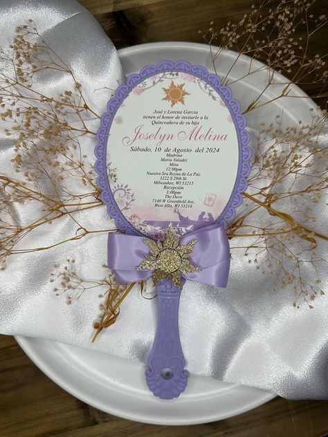 gorgeous Rapunzel invitations mirror invitations with a elegant touch for any occasion. 1. customized to any color theme. 2. mirror can sliver, rose gold, gold . 3. The bow can be customized to any color. 4. White box with clear top  Please message me with the details of the event and I will provide you with an image of the invitation to verify before printing. Turnaround time is from 4-6 weeks depending on quantity ordered. Rapunzel Quince Invitations, Rupunzel Quince Theme, Quinceanera Rapunzel, Rapunzel Theme Quinceanera, Rapunzel Quinceanera, Rapunzel Quinceanera Theme, Tangled Quince, Rapunzel Quince, Mirror Invitations