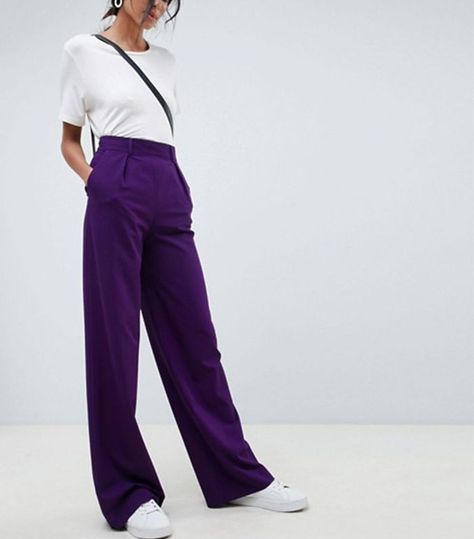 How to Wear Purple Pants—Stylish Outfit Ideas | Who What Wear Purple Trousers Outfit, Purple Pants Outfit, Trousers Outfit Casual, Tall Wide Leg Pants, Colored Pants Outfits, Purple Pants, Purple Outfits, Denim Trends, Colored Pants