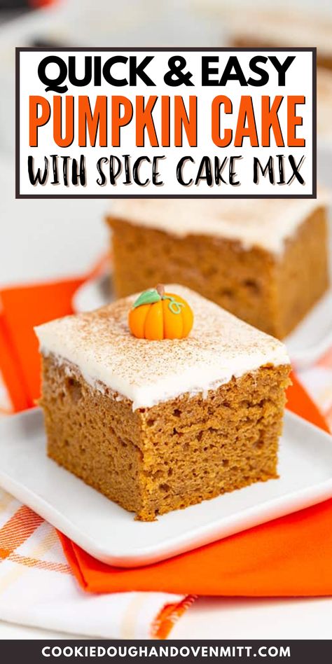 This Pumpkin Cake using Spice Cake Mix is a delightful fall treat! It's brimming with the perfect spiced pumpkin mix and topped with a velvety cream cheese glaze. Elevating a regular spice cake mix with pumpkin essence and extra seasonings becomes utterly delectable when paired with our crafted cream cheese topping and a sprinkle of cinnamon. Spice Cake Mix And Pumpkin Bundt, Pumpkin Bars Made With Spice Cake, Easy Cake Mix Pumpkin Bars, Duncan Hines Spice Cake With Pumpkin, Spice Cake Mix With Pumpkin, Recipe Using Spice Cake Mix And Pumpkin, Pumpkin Spice Cake With Box Cake, Box Spice Cake Mix Ideas Pumpkin, Recipe Using Spice Cake Mix Recipes