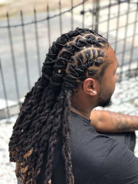 Loc Hairstyles Men Long, Men’s Long Loc Hairstyles, Men’s Loc Styles Long, Professional Loc Styles Men, Ways To Style Dreads, Dreadlock Hairstyles For Men Long, Hairstyles For Medium Length Locs, Men Dreads Styles Black Man, Braided Locs Men