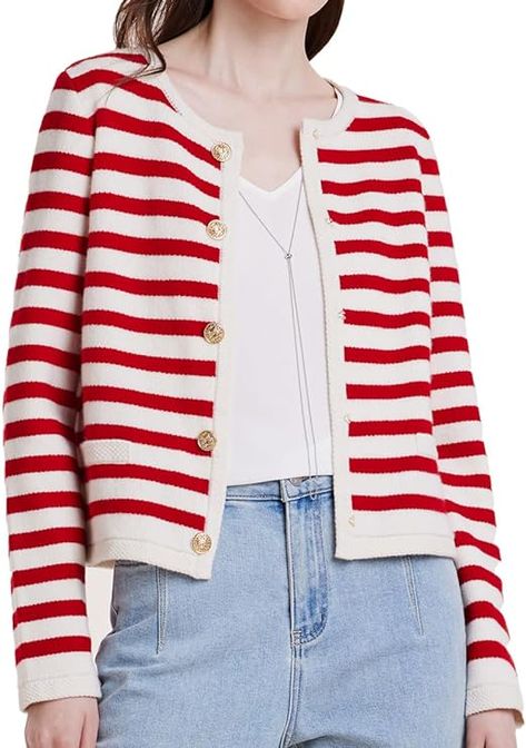 Summer To Autumn, Red White Stripes, To Autumn, Fitted Cardigan, Pocket Cardigan, Striped Cardigan, On Repeat, Red And White Stripes, Gold Buttons