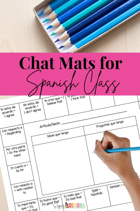 Chat Mat Reference Sheets are a great way to support your students in any writing or speaking activity. With just a little extra support your students will feel confident to participate and will produce their best work! High School Spanish Classroom Activities, Leslie Grahn Authentic Resources Spanish, Spanish Chat Mats, Middle School Spanish Lessons, Spanish Teacher Classroom, Spanish Classroom Decor, Spanish Teacher Resources, Spanish Learning Activities, Speaking Activity