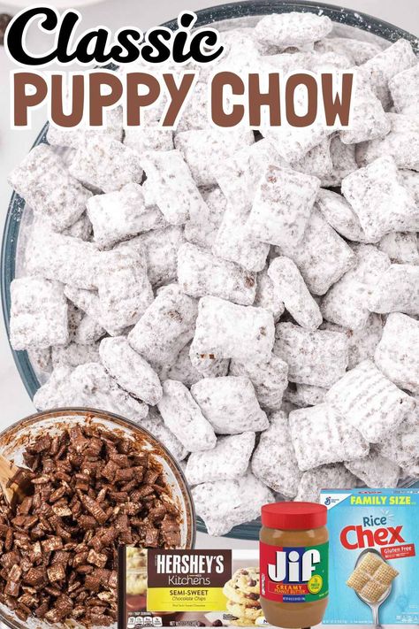 Make the BEST Puppy Chow (Muddy Buddies) with Chex cereal coated in chocolate, peanut butter, and powdered sugar! Quick, easy, and always a party hit! #PuppyChow #MuddyBuddies #EasyDesserts #NoBakeTreats #PartySnacks Crispix Puppy Chow Original, Muddy Buddies Recipe Original, Chex Mix With Orville Redenbacher, Classic Puppy Chow, Work Party Snack Ideas, Puppy Chow With Pretzels, Puppy Chow Recipe Christmas, Reighndeer Chow, People Puppy Chow Recipes