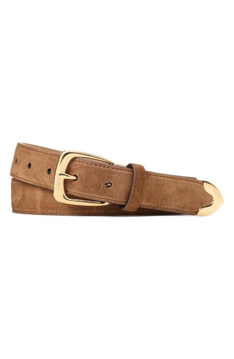 Softly brushed suede furthers the everyday appeal of a belt that's crafted in Italy and finished with golden hardware at the tip and buckle. Leather Made in Italy Cute Western Belt, Suede Belt Outfit, Brown Wishlist, Belts Aesthetic, Build Wardrobe, Shuffle Outfits, Fall Wishlist, Dream Wishlist, Wishlist 2024