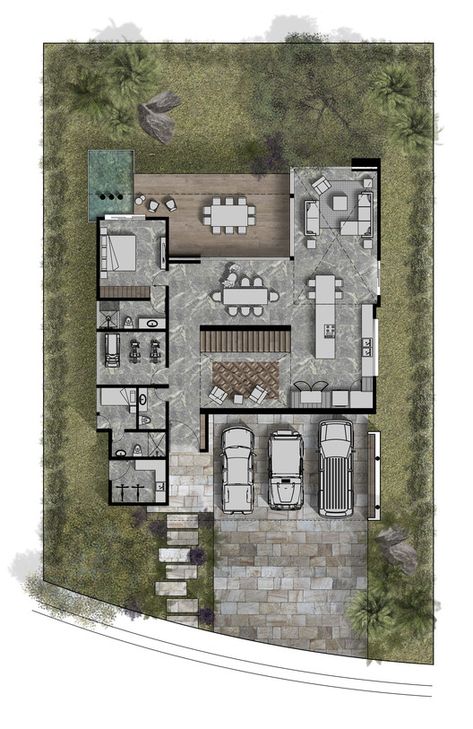 Architecture Drawing Plan, Mexico Design, Architectural Floor Plans, Villa Plan, Home Design Floor Plans, Architect Design House, Minimal House Design, House Layout Plans, Model House Plan