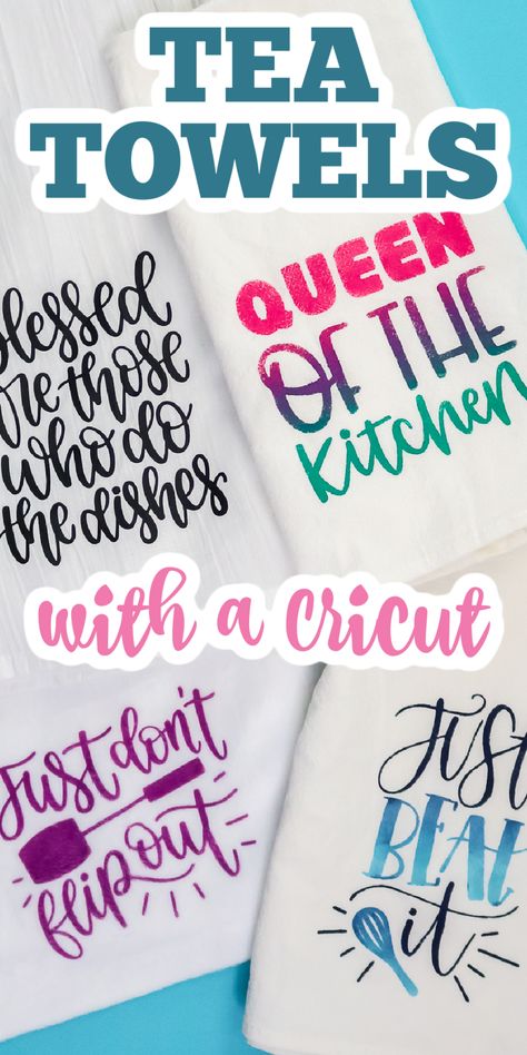 Make Cricut tea towels 4 different ways with these techniques. It is easy to make fabric projects with any Cricut machine! #cricut #cricutmade #cricuttowels Cricut Football Towel, Htv Tea Towels Diy, Dish Towel Cricut Ideas, How To Make Tea Towels With Cricut, Sublimation Towels Diy, Towel Embroidery Designs Gift Ideas, Dish Towels Cricut, Cricut Kitchen Towels Diy, Cricut Tea Towels Svg