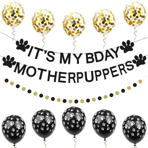 PRICES MAY VARY. 【The Complete Dog Birthday Set Includes】It's My Bday Mother Puppers part decorations set,including 1pcs black "It's My Bday Mother Puppers” banner,1pcs black gold dot banner, 10 paw print balloons in 2 colors, including black and gold,1 Roll white ribbon. Complete combination, to meet your dog birthday or dog birthday decoration needs, no need to buy other accessories.When your dog’s birthday comes, prepare a set of Dog Birthday Party Supplies to celebrate your dog’s birthday. 【 Puppy First Birthday Party Dogs, Puppy Party Theme Decorations, First Dog Birthday, Dogs First Birthday Party, Dog First Birthday Party, Dog Party Theme, Mother Puppers, Dog Birthday Party Decorations, Dogs First Birthday