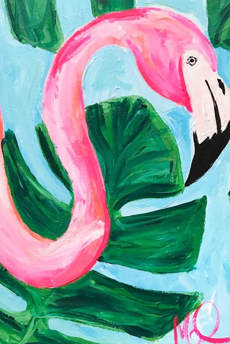 Classic Flamingo Painting | Tropical Leaves & Frond Designs. | Colorful and Bright Artwork | Easy and fun wall ideas #flamingopainting #flamingoprint #megancarn #tropicaldesigns Painting Tropical Leaves, Easy Acrylic Painting Ideas, Animal Paintings Acrylic, Painting Tropical, Bright Artwork, Flamingo Painting, Tropical Painting, Easy Acrylic Painting, Acrylic Painting Ideas