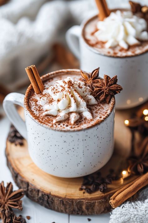 Two mugs of hot chocolate topped with whipped cream, cinnamon sticks, and star anise. Over The Top Hot Chocolate, Spiced Hot Cocoa, Hot Chocolate Food Photography, Winter Drinks Aesthetic, Hot Chocolate Photography, Autumn Hot Chocolate, Hot Chocolate Aesthetic, Spiced Hot Chocolate Recipe, Spiced Hot Chocolate