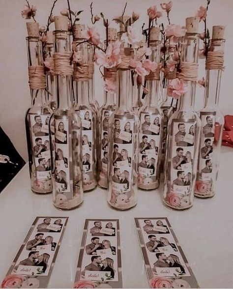 stylish wedding photo display mason jar monents Hiasan Perkahwinan, Wedding Photo Display, Barn Wedding Decorations, Creative Wedding Photo, Tea Bar, Rustic Wedding Centerpieces, Wedding Souvenirs, Wedding Cake Designs, Stylish Wedding