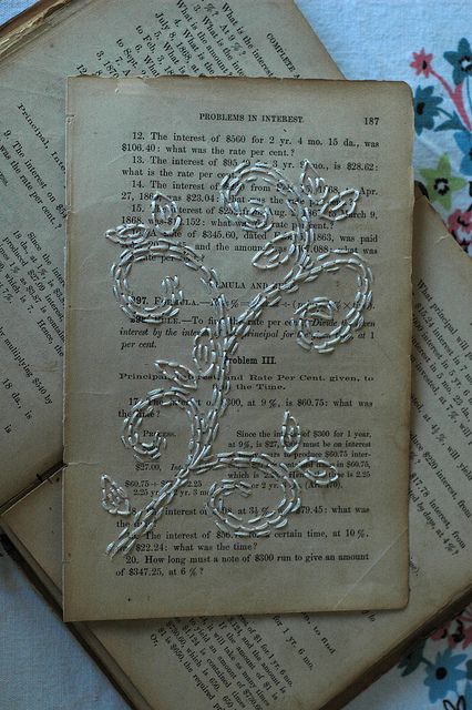 stitching on old book pages Stitching On Paper, Old Book Crafts, Book Page Crafts, Writing Blog, Book Page Art, Bookmaking, Paper Embroidery, Old Book Pages, Textile Arts