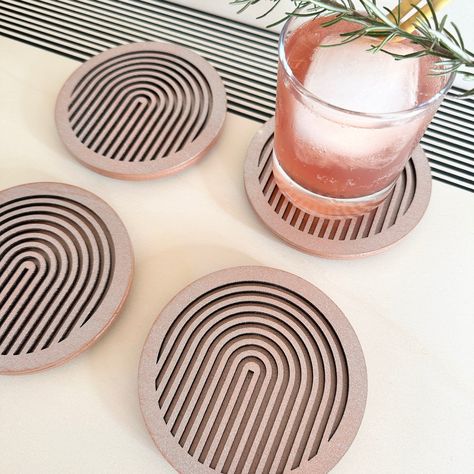 Beautiful Drinks, Copper Coasters, Laser Cut Coaster, Geometric Coaster, Laser Cut Decor, Modern Coasters, Laser Cut Wood Crafts, Laser Art, Cnc Wood