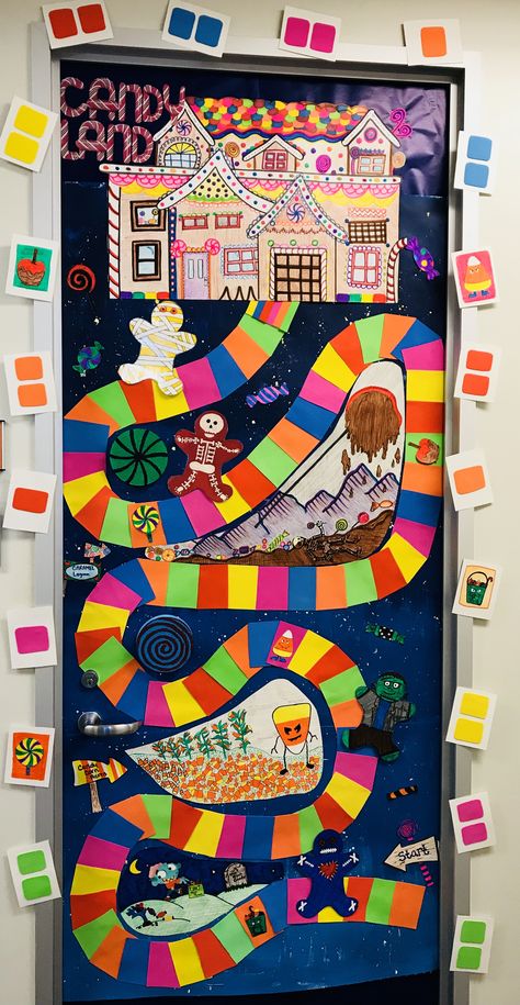 Candy Land Board game (Halloween) Halloween Door Decoration [Candy Land style board game, but changed it all up with Halloween scenes and dressed up gingerbread characters). #halloweendecorations #doordecorations #DIY Candyland Door Theme, Candyland Theme Door Decorations, Candy Land Theme Room, Diy Candy Land Game Board, Candy Land Door Decorations Classroom, Candy Land Theme Door, Candy Land Christmas Decorations Office, Candy Land Theme Classroom Door, Candy Theme Door Decoration