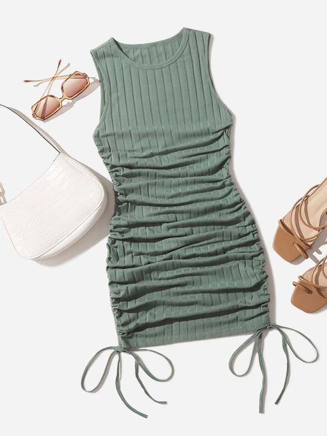 Mint Green Casual  Sleeveless Cotton Plain Bodycon Embellished Non-Stretch Summer Women Dresses Green Cami Dress, Casual Dressy Outfits, Style Bleu, Cute Dress Outfits, Cute Lazy Day Outfits, Elegantes Outfit, Dressy Outfits, Really Cute Outfits, Casual Style Outfits