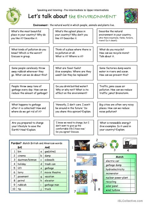 Let's talk about the ENVIRONMENT: English ESL worksheets pdf & doc British And American English, Speaking Cards, English Talk, Esl Games, Esl Activities, Conversation Cards, Esl Lessons, Speaking Activities, American English