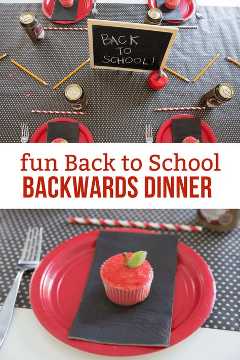 Have a fun Backwards Back to School dinner with dessert first! Check out all these creative ideas to make this a back to school dinner the entire family will love! Back To School Bbq, Back To School Dinner Party, School Night Dinner, Back To School Dinner, School Traditions, Fun School Lunches, Breakfast Tables, Tradition Ideas, Night Before School