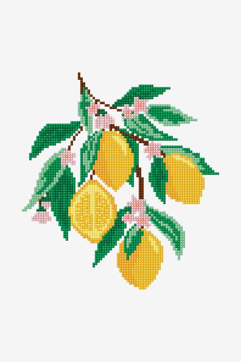 Discover this juicy lemon cross stitch pattern and use it to brighten up your homewares or clothing. For the perfect finish to your botanical design, use our... Cross Stitch Lemon Pattern, Cross Stitch Lemon, Aesthetic Cross Stitch, Book Cross Stitch Pattern, Lemon Embroidery, Kawaii Cross Stitch, Cross Stitch Fruit, Lemon Patterns, Cross Stitch Patterns Flowers