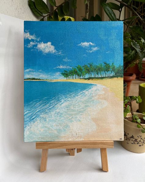 "Beachside - Handmade acrylic painting, wall hanging, wall paintings, canvas painting, wall decor, beach painting, seascape, easel included Colour - Acrylic colours  Size - 10\" x 12\" Theme - seascape painting Materials - Canvas board, acrylic paints, varnish, wooden easel Uses and purpose - Wall hanging, house warming gift, home decor, table decor, gifting item Care instructions - can be cleaned using a dry cloth Note - Please feel free to contact us for any query." Beach Theme Canvas Painting, Canvas Painting Wall Decor, Acrylic Painting Wall, Landscape Art Quilts, Paintings Canvas, Painting Wall Decor, Wooden Easel, Wall Paintings, Beach Painting