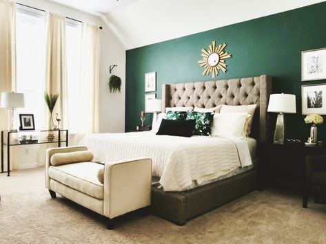 Romantic master with hunter green accent wall Bedroom With Emerald Green Wall, Accent Wall Emerald Green, Hunter Green And White Bedroom, Emerald Green Rooms Bedrooms, Emerald Green Accents Bedroom, Neutral With Green Accents, Emerald Green Accent Colors, Forest Green And Blush Bedroom, Hunter Green Bedroom Walls