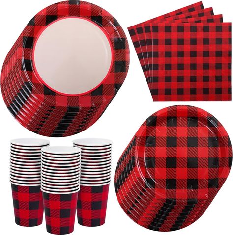 Amazon.com: Aneco 200 Pieces Red and Black Buffalo Plaid Dinnerware for 50 Guests Disposable Buffalo Check Paper Plates Cups and Napkins Tableware for Baby Shower Party Decorations : Health & Household Buffalo Plaid Party, Party Cutlery, Lumberjack Baby Shower, Baby Boy Shower Party, Plaid Party, Winter Birthday Parties, Lumberjack Party, Red And Black Flannel, Baby Shower Party Supplies