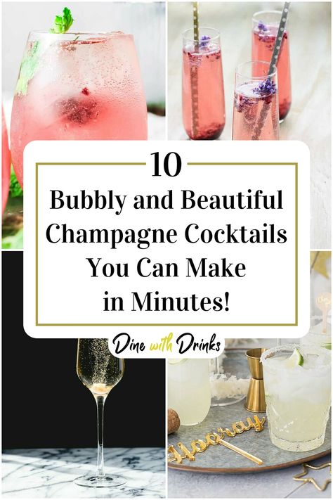 Collage of 4 easy champagne cocktails. Champagne Wedding Drinks, Champagne Party Drinks, Champagne Cocktails Wedding, Fun Champagne Cocktails, Botox And Bubbles Party, Champagne Problems Cocktail, What To Mix With Champagne, Drinks To Make With Champagne, Champagne Signature Drinks