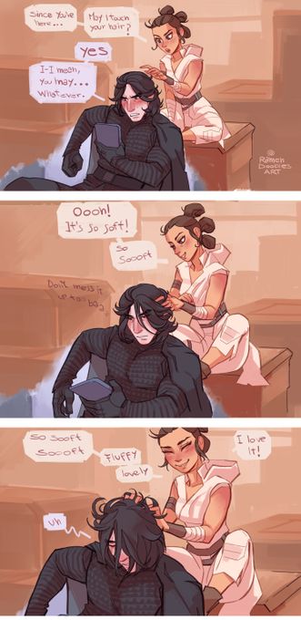 Kylo Ren Fan Art, Relaxing Hair, Star Wars Couples, Reylo Fanart, Kylo Rey, Kylo Ren And Rey, Star Wars Drawings, Star Wars Comics, Star Wars Ships