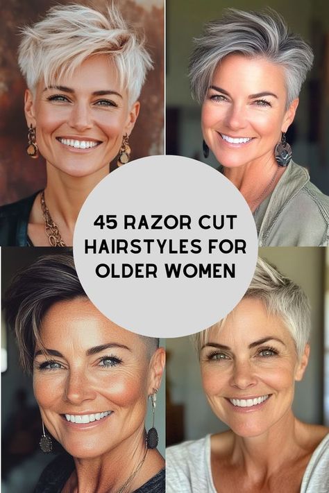 Razor Cut Hairstyles for Older Women >>> The razor cut pixie with subtle undercut provides a edgy, low-maintenance option for older women. This short style features textured layers on top, with a subtle undercut at the nape for added edge. Click here to check out more reasons why these razor cut hairstyles are perfect for older women. Razored Pixie Haircut, Short Razor Cuts For Women, Razor Cut Hairstyles Short, Razor Haircuts For Women, Razored Hair, Short Razor Haircuts, Subtle Undercut, Razor Cut Hairstyles, Edgy Pixie Hairstyles