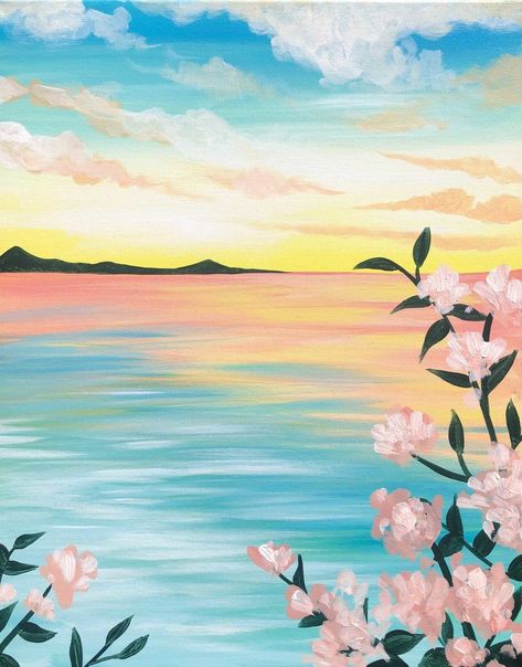 Already have your art supplies? Join our incredible instructors as they take you step by... Flower Paint And Sip, Summer Painting Acrylic, Painted Canvas Wall Art, Cute Summer Paintings, Hibiscus Painting, Sunset Painting Ideas, Ocean Paintings On Canvas, Summer Paintings, Digital Art Software