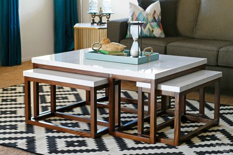 Learn how to build a modern, three way nesting coffee table with FREE building plans! Coffee Table With Seating, Coffee Table With Stools, White Coffee Table, Diy Projects Plans, Coffee Table Plans, Elegant Coffee Table, Nesting Coffee Table, Sofa Ideas, Condo Decorating