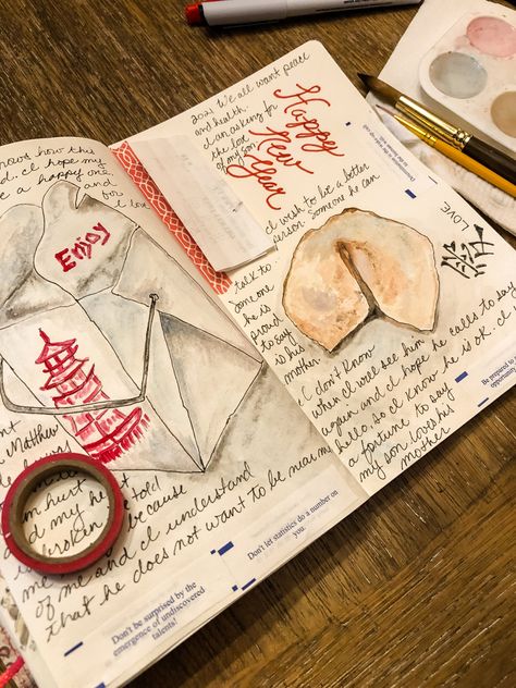 I have had Chinese food for dinner on New Years Eve ever since I was a child. I had alot of fun using watercolors to put this together Food For Dinner, Journal Watercolor, Journal Entry, Journal Entries, Mail Art, Chinese Food, New Years Eve, A Child, Poppies