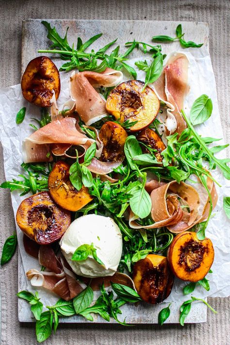 Grilled Peach, Prosciutto and Mozzarella Salad Peach And Mozzarella, Melon And Proscuitto, Fresh Mozzarella Salad, Salad Mozzarella, Prosciutto And Mozzarella, Peach Prosciutto, Grilled Peach Salad, Lamb Ragu, Healthy Pasta Dishes