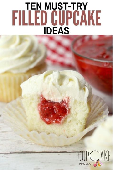 Fillings For Vanilla Cupcakes, Cupcake Flavors With Fillings, Filling Ideas For Cupcakes, How To Add Filling To Cupcakes, Bakery Cupcakes Recipe, Self Filled Cupcakes, Pudding Stuffed Cupcakes, Cream Filling Recipe For Cupcakes, Cupcake Filling Flavors