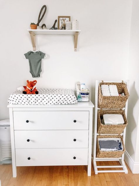 (paid link) This is the exact nursery dresser organization guide you need to help you find a place for all of baby's clothes and diaper changing ... Ikea Drawers Changing Table, Change Table On Dresser, Baby Rooms Changing Tables, Shelf Over Changing Table, Nursery And Guest Room Combo Small Spaces, Changing Table Station, Nappy Station Ideas, Changing Table On Top Of Dresser, Nursery Changing Station Organization