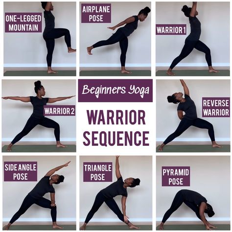 Warrior 2 Pose Yoga, Beginner Yoga Poses Chart, Warrior Pose Yoga, Yoga Poses Chart, Vinyasa Yoga Sequence, Yoga Sequence For Beginners, Warrior Yoga, Yoga Flow Sequence, Warrior 2