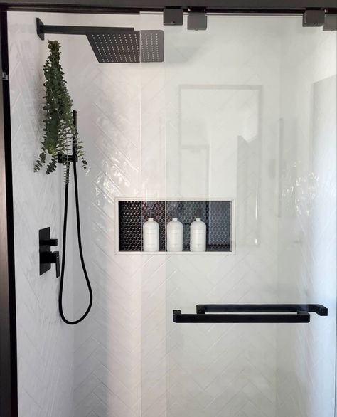 Black Shower Niche, Bathroom Niche Ideas, White Shower Tile, Shower Alcove, Tile Shower Niche, White Tile Shower, Bathroom Niche, Frameless Glass Doors, Shower Niche