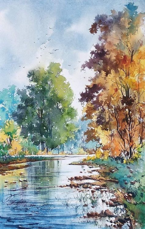 Watercolor Scenery, Tree Watercolor Painting, Watercolor Art Landscape, Landscape Painting Tutorial, Watercolour Landscape, Watercolour Inspiration, Landscape Paintings Acrylic, Landscape Art Painting, Fall Watercolor