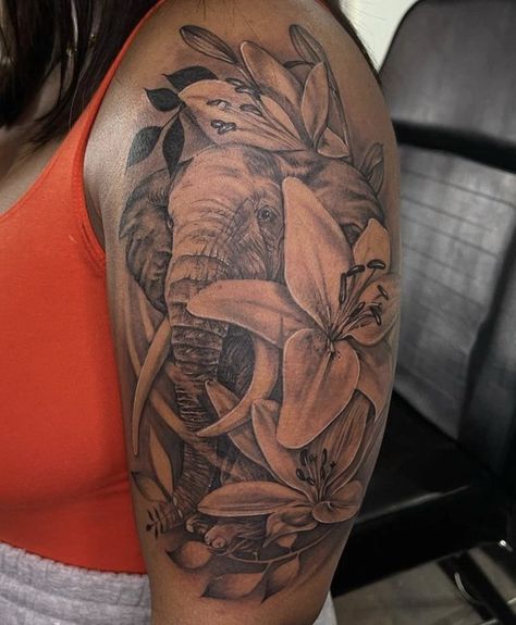 Elephant Tattoos On Shoulder, Animal Tattoos For Black Women, Elephant Stomach Tattoo, Big Elephant Tattoo, Elephant Tattoos Black Women, Elephant Sleeve Tattoos For Women, Hibiscus Tattoo Sleeve, Elephant Tattoos With Flowers, Realistic Elephant Tattoo