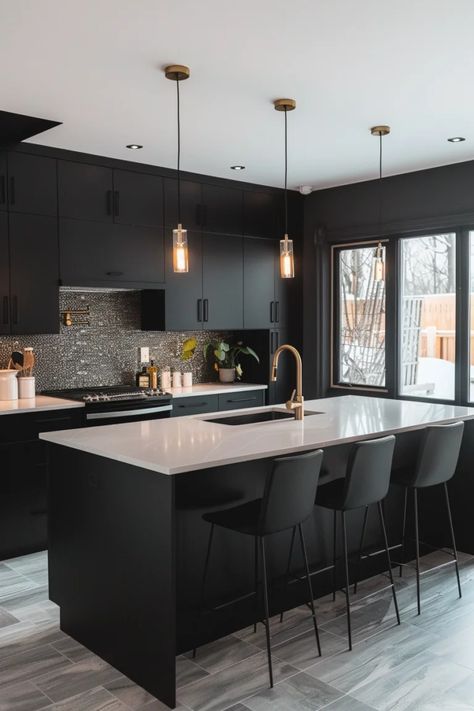 32 Black Kitchen Cabinet Ideas: Depth Without the Dark Black And Grey Kitchen, All Black Kitchen, Black Kitchen Cabinet, Modern Black Kitchen, Kitchen 2024, Kitchen Cabinet Ideas, Black Kitchen Island, Black Kitchen Cabinets, Dark Kitchen