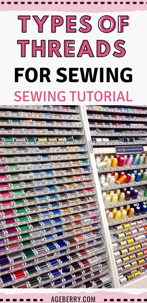 Looking for sewing tips on different types of threads for sewing? There are many types of sewing threads. How many? Well, it’s hard to say but I would guess the number is in high hundreds. Learn about all purpose threads, heavy duty threads, embroidery threads, brands of threads, how the thread is measured, etc. #sewingtutorials #sewingtips #sewingthread #sewingprojects Thread Rack, Serger Thread, Sewing Machine Thread, Sewing Room Design, Machine Embroidery Thread, Sewing Room Organization, Sew Ins, Thread Types, Embroidery Threads