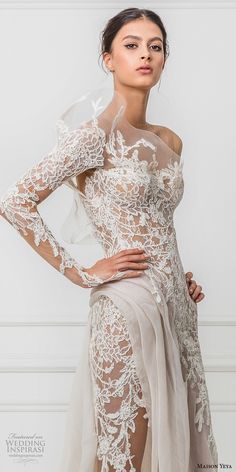 Maison Yeya, Lace Sheath Wedding Dress, Boho Wedding Dress With Sleeves, Sheath Wedding Dress Lace, Sheath Wedding, Embroidered Bodice, Stunning Wedding Dresses, Country Wedding Dresses, Princess Wedding Dresses