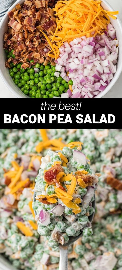 Bacon pea salad in bowl with creamy dressing Best Pea Salad, Creamy Pea Salad, Peas Bacon, Bacon Pea Salad, Pea Salad With Bacon, Easter Salad Recipes, Easter Salad, Salad Recipes Healthy, Pea Salad Recipes