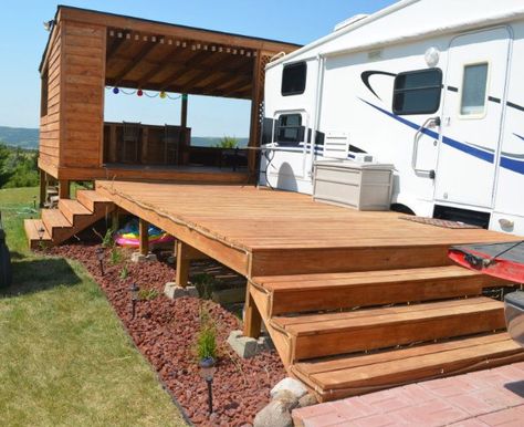 Deck we built ( always evolving) at our Permanent camp site located near Missouri River in South Dakota. Terrasse Mobil Home, Porch For Camper, Campsite Decorating, Rv Carports, Camper Trailer Remodel, Diy Camper Remodel, Rv Homes, Trailer Living, Diy Rv