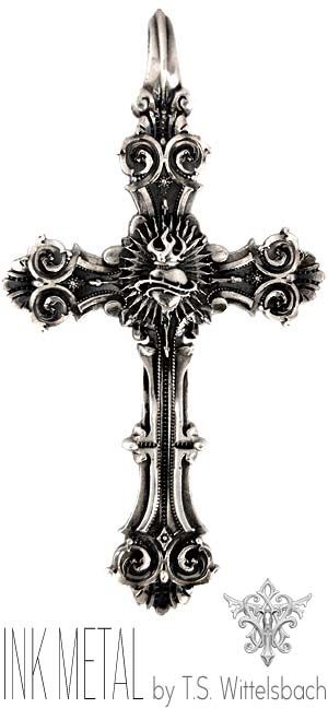 Emblematic of baroque era ornament, this cross boasts dramatic detail and a devotion of its center to the sacred heart - delivered with a sterling silver chain. $450.00 Palladium Jewelry, Cross Drawing, Detailed Cross, Sugar Skull Ring, Baroque Era, Christ Tattoo, Cross Wallpaper, Silver Jewelry Accessories, Religious Tattoo