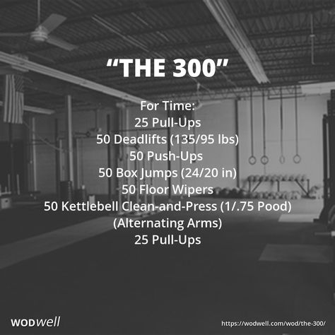 "The 300" WOD - For Time: 25 Pull-Ups; 50 Deadlifts (135/95 lbs); 50 Push-Ups; 50 Box Jumps (24/20 in); 50 Floor Wipers; 50 Kettlebell Clean-and-Press (1/.75 Pood) (Alternating Arms); 25 Pull-Ups Wods Crossfit, Kettlebell Clean, Crossfit Workouts Wod, 50 Push Ups, 300 Workout, Crossfit Workouts At Home, Kettlebell Cardio, Crossfit At Home, Crossfit Wods