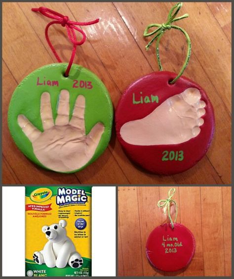 Babys 1st Christmas homemade footprint handprint modeling dough ornament.  Use Crayola Model Magic!  It's totally mess-free, paintable and air-dry!  No baking needed! Crayola Air Dry Clay Handprint, Crayola Air Dry Clay Ornaments, Model Magic Ornaments, Yule Diy, Crayola Model Magic, Crayola Air Dry Clay, Christmas Ornaments Diy Kids, Modeling Dough, Prek Teacher