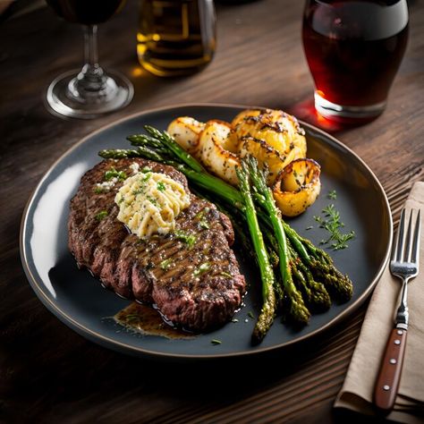 Tasty and juicy steak and asparagus half... | Premium Photo #Freepik #photo #ribeye #meat-steak #beef-steak #dish Beef Steak Aesthetic, Steak Photoshoot, Steak Aesthetic, Steak Plating, Steak And Asparagus, Steak Dinner Ideas, Almond Daughter, Food Moodboard, Seasoned Steak