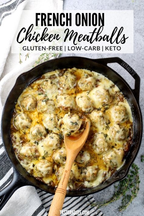 These French Onion Chicken Meatballs are flavorful, hearty, and crazy delicious! These meatballs are gluten free, low carb, keto friendly.... #TasteAndSee Low Carb Dinner Ground Chicken, French Onion Meatball Skillet, Low Carb Meatball Recipes Crockpot, Keto Recipes With Meatballs Frozen, Keto Recipes With Meatballs, Chicken Meatball Sauce Recipe, Keto Sauce For Meatballs, Flavored Meatball Recipes, Gluten Free Chicken Meatballs Recipe